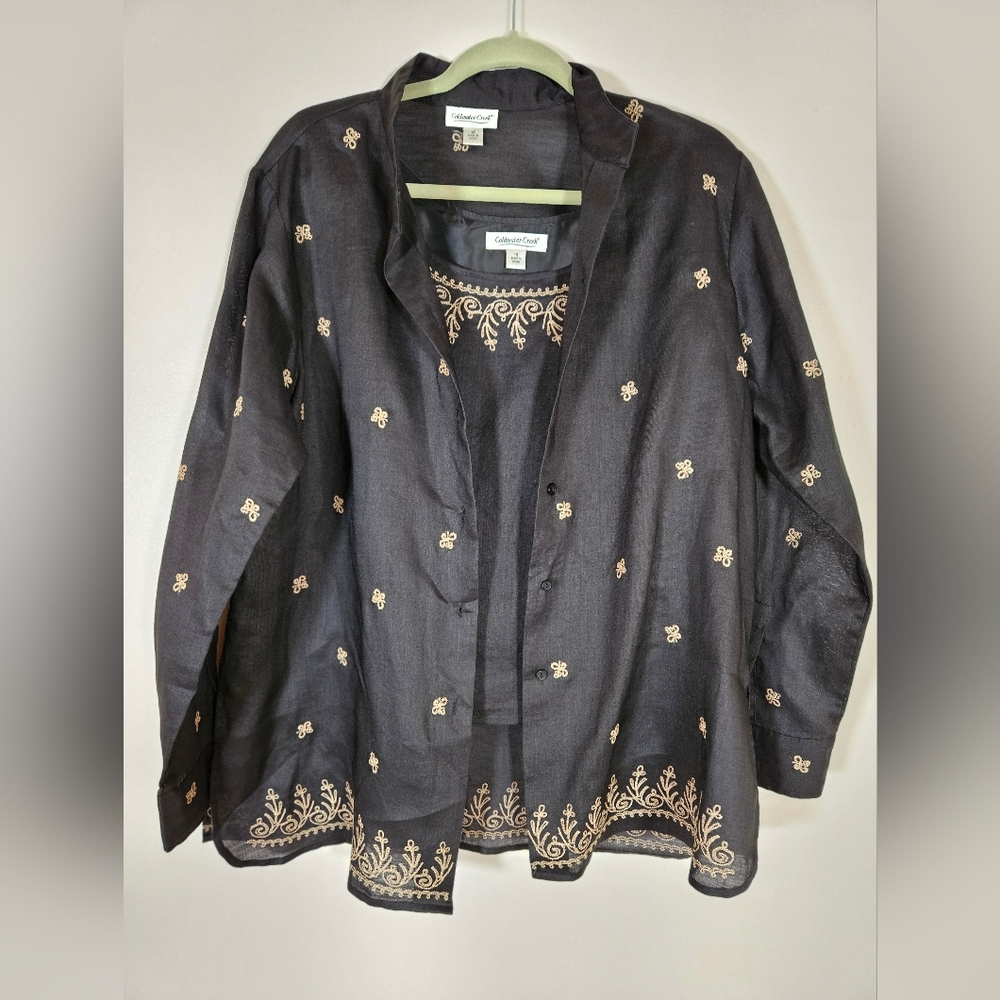 Coldwater Creek Ramie Tank Blouse Set Gold Embroidery Evening Party Artsy 14